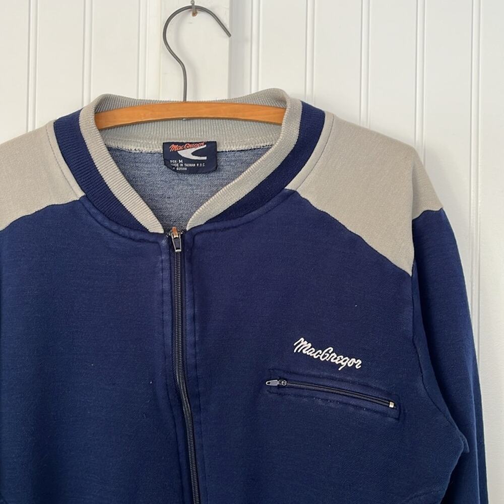 Vintage MacGregor Sweatshirt Jacket Warmup Zip Up Soft Navy Blue Gray Ringer Med
